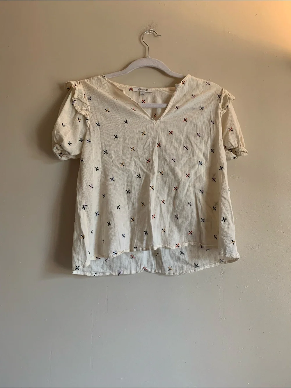 Madewell Cream V-Neck Puff Sleeve Top with Multicolor Cross Stitch Size XS